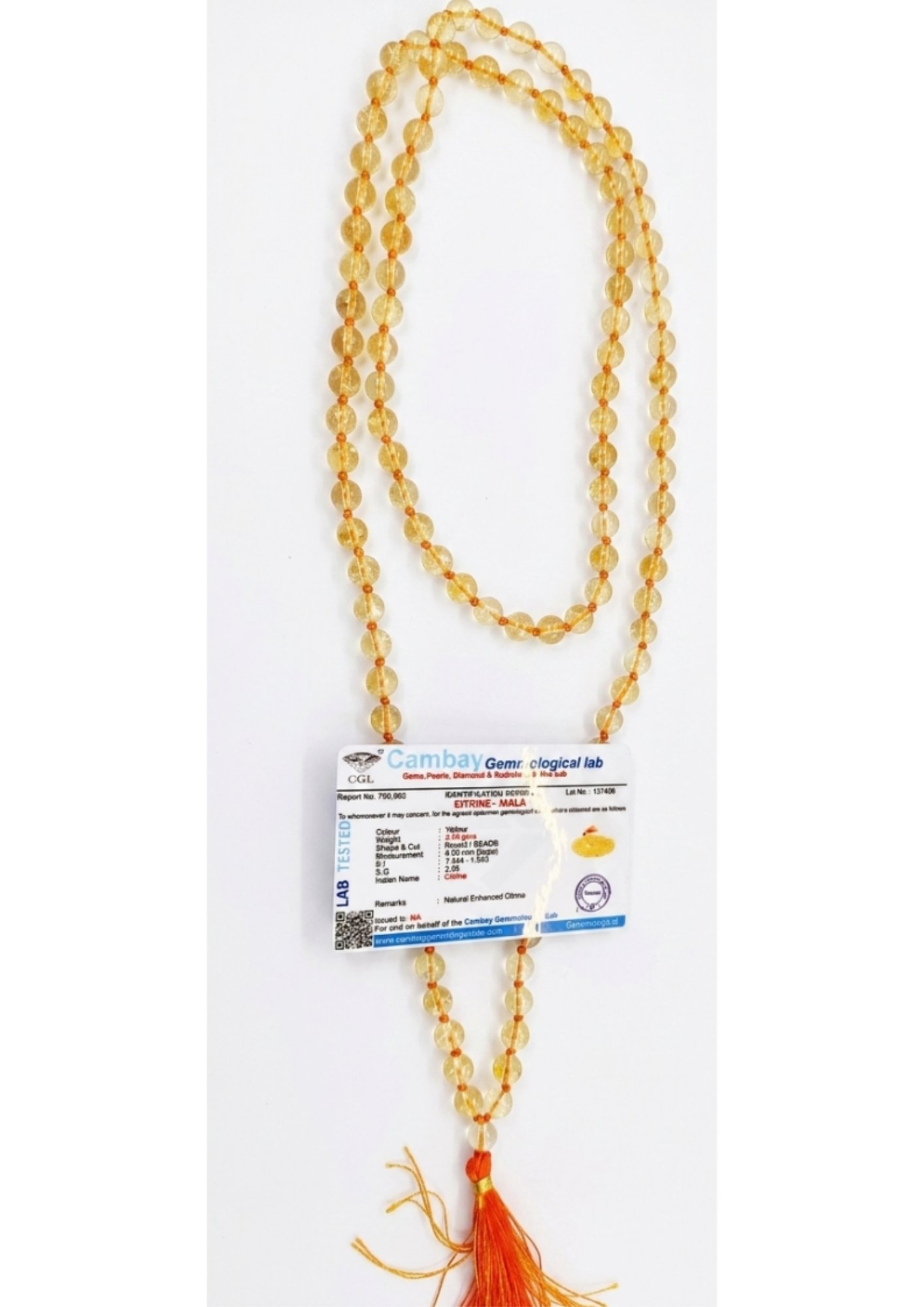 Certified Natural Citrine (Sunela) Mala - Wealth & Solar Plexus