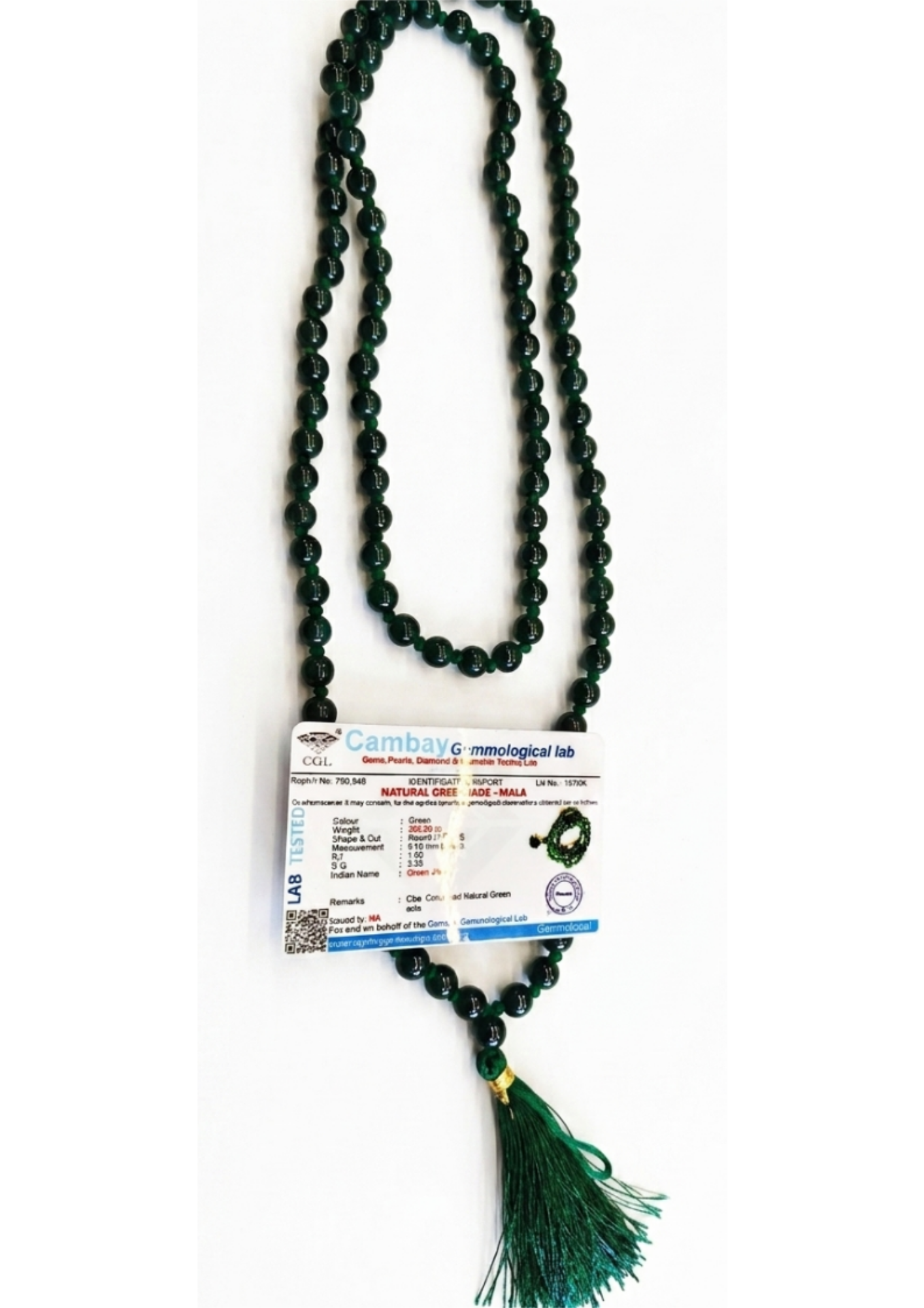 Certified Natural Green Jade Mala (108+1 Beads) - Prosperity & Luck