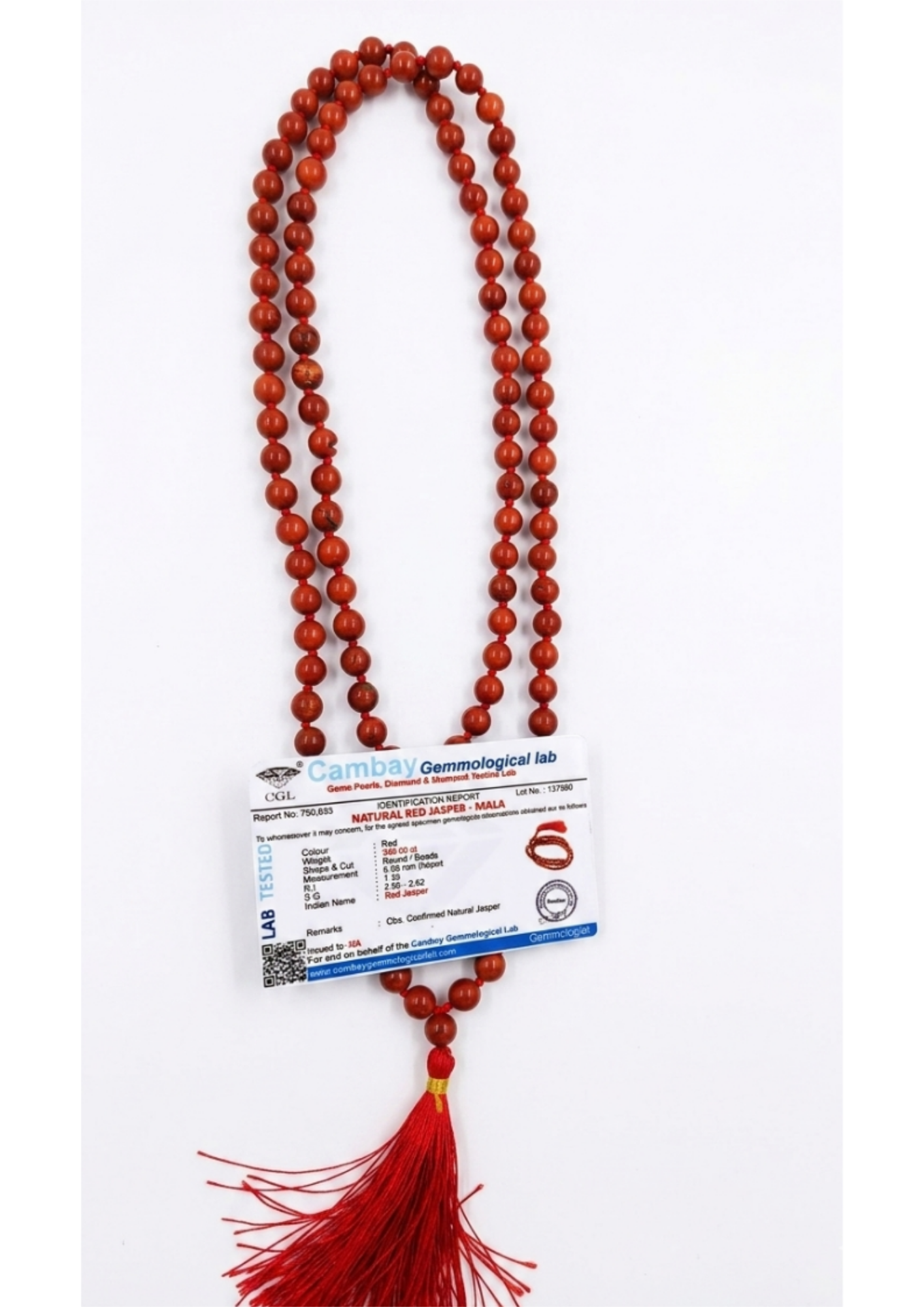 Certified Natural Red Jasper Mala (108 Beads) - Strength & Stamina