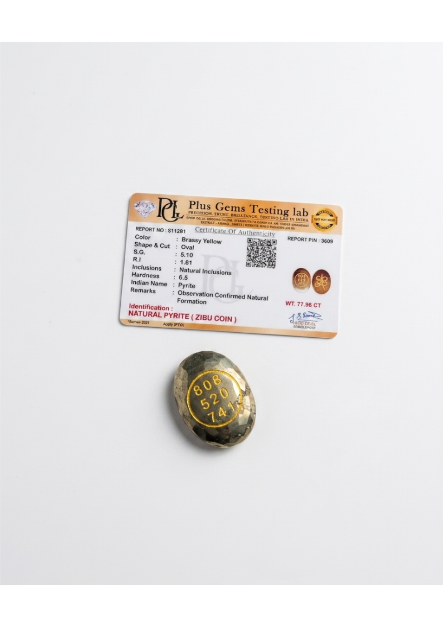Natural Golden Pyrite Zibu Coin (Engraved) - Wealth & Abundance